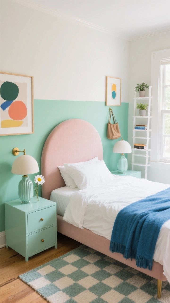 Overhead detail/flat-lay meets partial top-down room crop focusing on color-blocking: lower two-thirds of walls painted soft pistachio, upper third warm white with a crisp line. Queen bed with a rounded muted-blush upholstered headboard, a color-dipped arch painted behind it. Mint-lacquered cube nightstands with hidden drawers, topped by dome-shaped ceramic lamps. White percale sheets, a sky blue throw folded at the foot, checkered cotton rug pattern visible near the bed. Playful abstract prints on the wall, fluted glass vase with daisies on a nightstand, and brass wall hooks holding a bag. A narrow white ladder shelf near the window with small plants and books. Bright, cheerful daylight, photorealistic, no people.