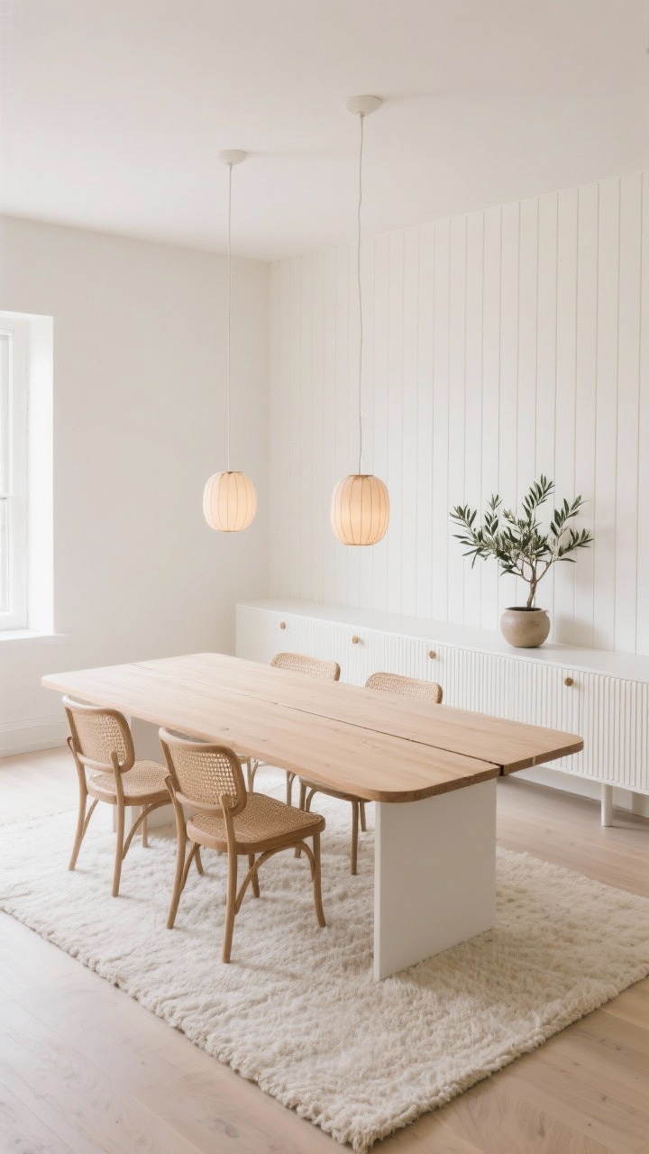 Overhead detail/medium hybrid, Light-Scandi: A crisp warm white dining space with narrow vertical slat paneling on one long wall; an extendable ash table with rounded corners and four wishbone-style chairs in natural cord; pale wool rug beneath; floating white oak credenza with fluted fronts along the opposite wall; a single potted olive tree in a low ceramic planter; two small paper lantern pendants spaced along the table casting diffuse soft light; clean, soft minimalism; overhead perspective slightly angled to show table extension seam and textures.