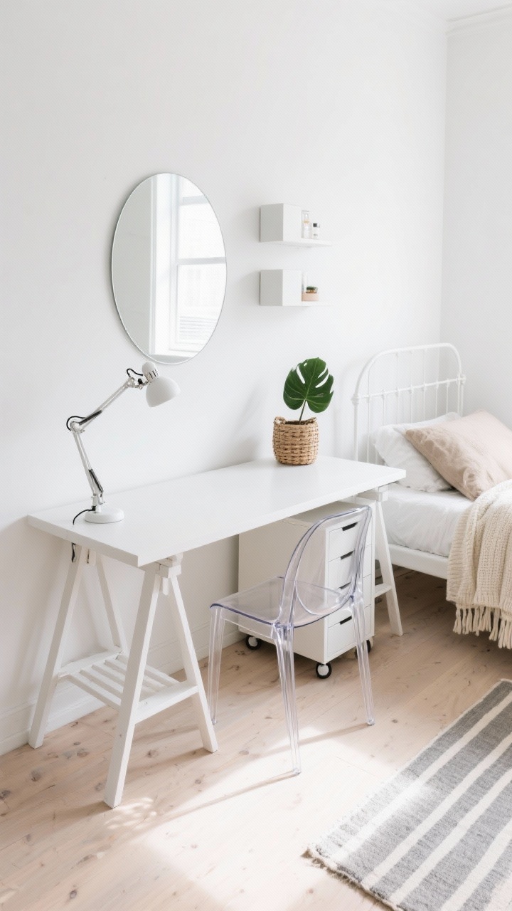 Overhead detail shot, Bright Scandinavian Studio: Airy white-on-white setup with crisp white walls and pale ash floors. Focus on a slim 40" white trestle desk that doubles as a vanity, a frameless round mirror resting above, a white jointed-arm task lamp, two cube wall shelves holding minimal supplies. Rolling pedestal drawer partially tucked under the desk, stackable clear acrylic chair, palette of white, oat, pale gray, and natural birch. Nearby glimpses of a white metal bedframe with a sand duvet and cream knit throws, striped flatweave rug, and a small fiddle-leaf baby plant in a woven basket. Bright natural daylight, clean and efficient, photorealistic.