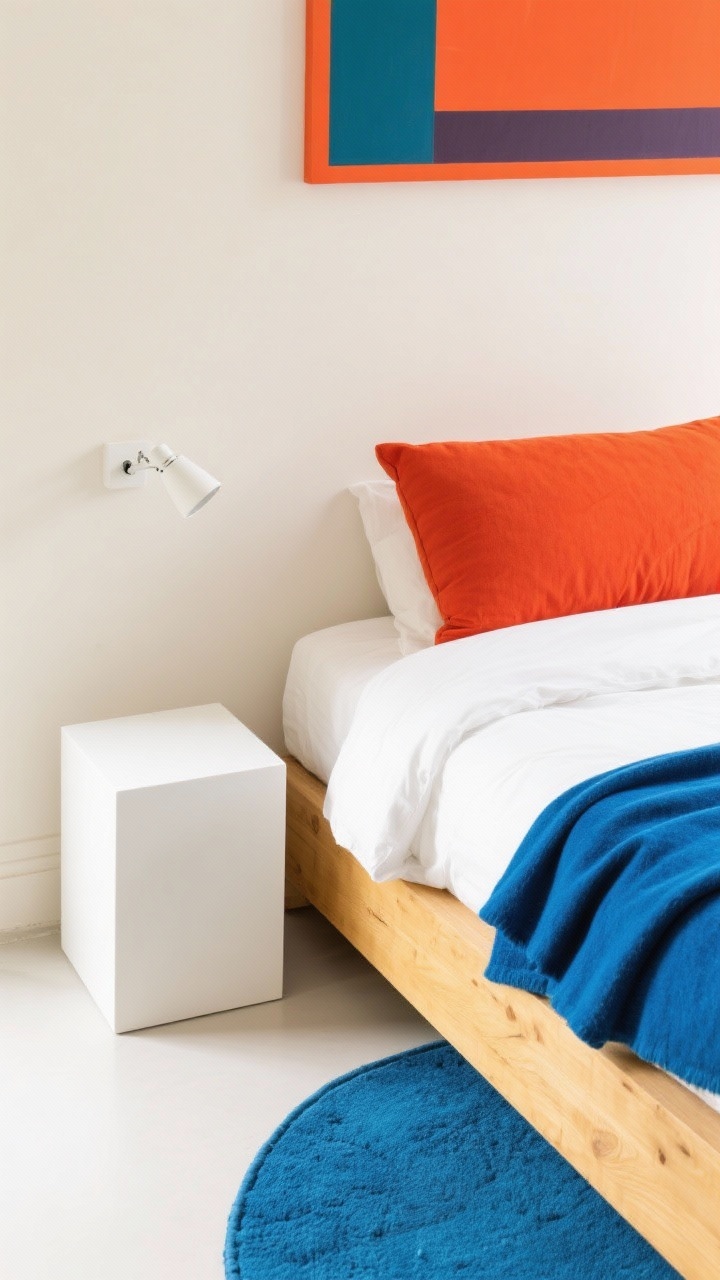 Overhead detail shot, Color-Pop Minimal Modern: cream wall backdrop and blonde-wood platform bed edge; crisp bedding accented by a vivid fire-orange bolster and a folded cobalt blue throw; a single lacquered white skinny cube nightstand with clean lines; small round rug in matching cobalt blue partially visible at floor; graphic color-block print edges above bed tying the palette; tiny matte white clamp light attached to the headboard; bright, energetic lighting, clean negative space.
