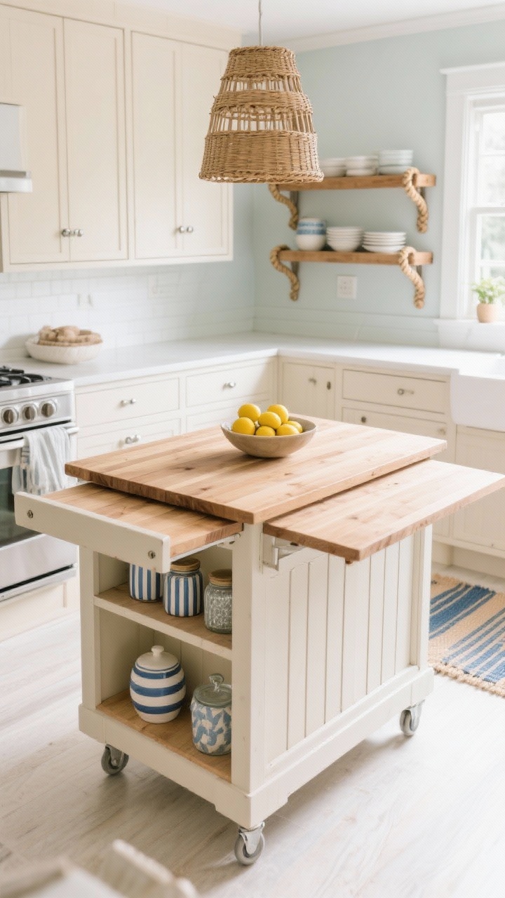 Overhead detail shot focused on a coastal rolling island cart: butcher-block top with a drop-leaf extension partially raised, slatted shelves holding striped ceramics and glass canisters, and a bowl of lemons. Surroundings hint at the serene, sandy kitchen: soft beige shaker cabinets with brushed nickel hardware, sea-salt painted walls, white oak open shelves with rope-wrapped brackets, a woven rattan pendant above, and a flatweave blue-and-sand runner below. Bright, breezy daylight for an unfussy beachy feel.