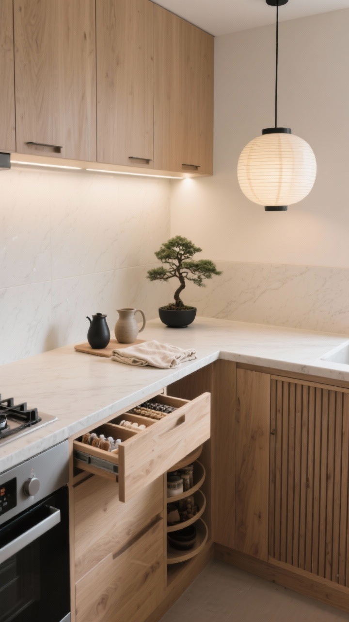 Overhead detail shot: Japandi U-shaped kitchen surface composition showing thin-profile pale stone porcelain countertops with a soft micro-mitered edge meeting an ivory porcelain slab backsplash rising behind the range. Reveal light oak wood-grain lower cabinetry and smooth taupe-beige push-to-open uppers—no visible hardware. Open drawers show organized storage: drawer dividers, spice pullouts, and a corner carousel. A tucked-away appliance garage with tambour doors partially open. Minimal paper lantern pendant and recessed pin lights cast soft, diffuse illumination. Accents: matte black details, a single bonsai, a ceramic pour-over set, and linen tea towels in warm neutrals. Calm, zen, meticulously arranged.