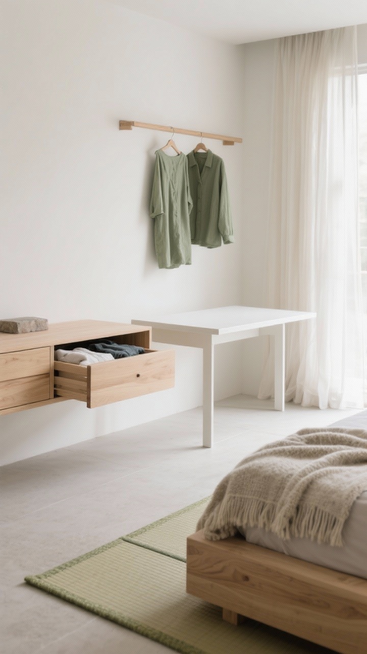 Photorealistic closeup/detail shot focusing on Japandi textures and floating storage: a pale ash wood floating credenza with hidden soft-close drawers slightly ajar, showing neatly folded clothes; fold-down wall table in warm white folded flat beside a low bed edge; narrow minimalist rail above with two sage-toned garments hanging like art; materials include gauzy curtains catching soft daylight, a nubby wool throw, and a tatami-inspired rug under the credenza edge; color palette of warm white, oak, stone, and hints of sage; clean lines and open floor space, shot at a low angle to emphasize floating pieces