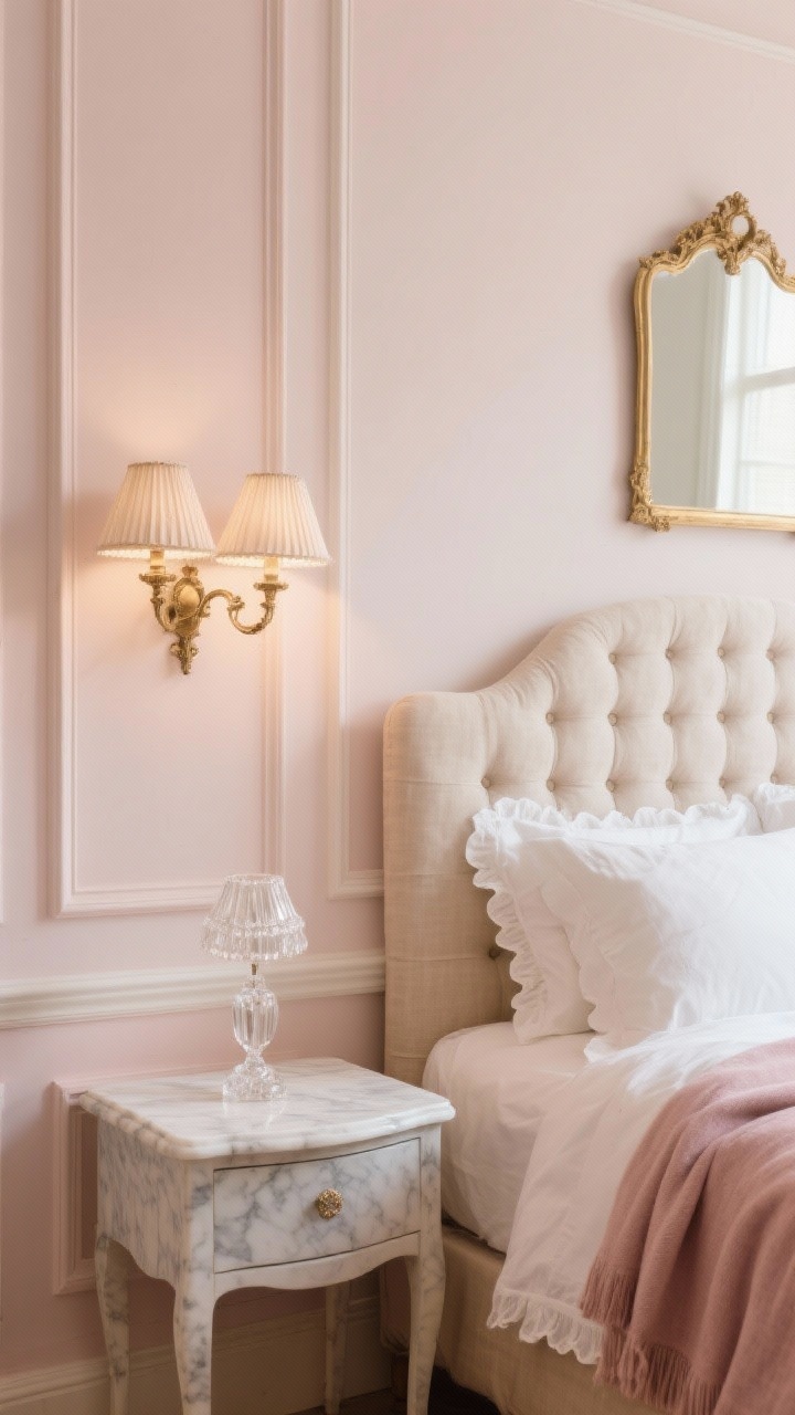 Photorealistic closeup/detail shot of romantic Parisian chic accents: blush beige wall with stick-on molding panels framing a tufted natural linen headboard; delicate antique-inspired sconces with pleated shades casting soft warm light; a petite marble-topped nightstand holding a petite crystal lamp; French linen bedding with a scalloped edge and a dusty rose throw draped at the foot; a gilded mirror catching light in the background; palette of cream, blush, soft gold, and natural linen, soft and romantic.