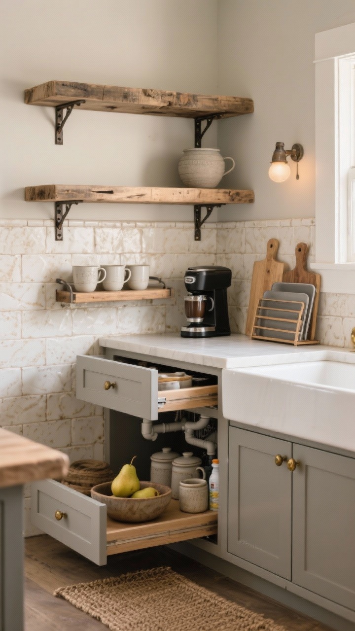 Photorealistic closeup/medium detail shot of a rustic modern nook. Reclaimed wood open shelves with iron brackets against a cream zellige tile backsplash; visible texture and glaze variations. A slim sliding shelf mounted under the lowest open shelf pulled out as a mini coffee bar with mugs and a small espresso maker, then aligned to show it can slide back flush. Below, matte greige lower cabinets and an apron-front sink. Open base shows U-shaped pull-out drawers wrapping around plumbing under the sink, organized with cleaning supplies; nearby a narrow vertical tray divider stores cutting boards and baking sheets. Palette of greige, cream, warm wood, and iron with aged brass hardware. Ambient warm lighting, styled with stoneware canisters and a woven runner edge in frame, bowl of pears for lived-in warmth.