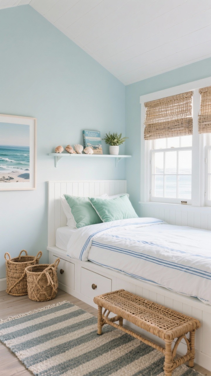 Photorealistic corner wide shot of a Coastal Micro-Retreat: misty pale blue walls with a slightly lighter ceiling, a built-in bed hugging the window wall framed by white beadboard, integrated drawers below. Bedding is crisp white with thin blue pinstripes and sea-glass green pillows. A slim wall-mounted shelf as headboard displaying shells, a paperback, and a small plant. Woven Roman shades at the window, narrow rattan bench at the foot, rope-handled baskets tucked under, a coastal landscape print, and a striped flatweave rug. Bright, breezy daylight.