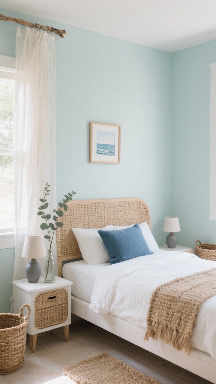 Photorealistic corner wide shot of a coastal minimal small bedroom: walls in soft seafoam, a woven rattan headboard on a white/pale oak bed frame, petite cane-front nightstands; lightweight gauze curtains moving gently, indigo-dipped accent pillows atop crisp white bedding; a woven jute runner on one side of the bed; matte ceramic lamps on nightstands, a driftwood frame with a small seascape print, and a couple of woven baskets; a single eucalyptus stem in a bottle vase; bright natural light, breezy textures, airy and unfussy.