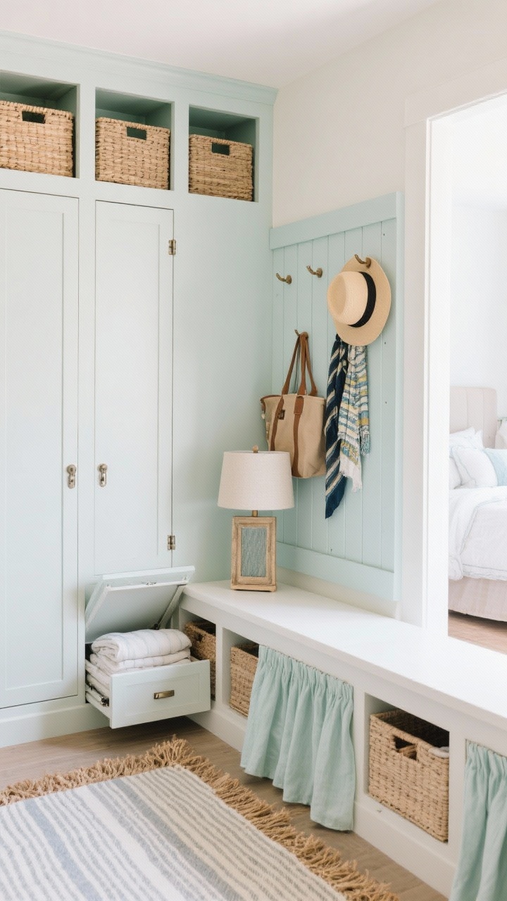 Photorealistic detail closeup at an angle, coastal calm storage wall: custom millwork showing a built-in bench with flip-up seat partially open revealing neatly folded bedding, flanked by two shallow wardrobes with upper cubbies holding woven bins; adjacent full-height painted pegboard behind the door with hats, totes, and scarves organized on pegs; long skirted console in ivory with hidden crates suggested by the soft fabric fall; seafoam, ivory, sand palette with brushed nickel hardware; striped cotton rug edge and seagrass lamp base in frame; light layered bedding glimpsed in background; bright, breezy coastal mood with soft natural light.