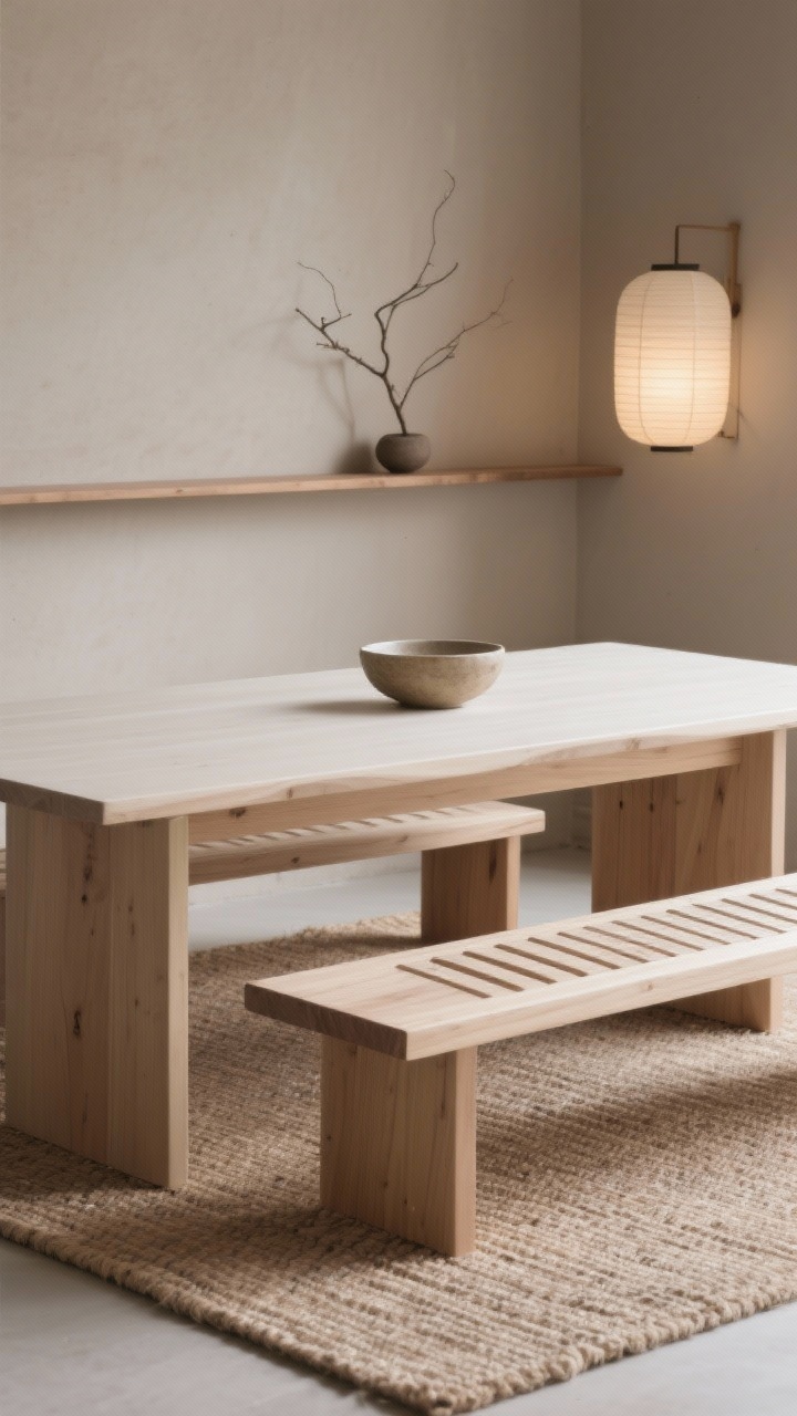 Photorealistic detail closeup from a Japandi dining setup: focus on the light ash rectangular table with rounded corners and the slatted benches tucked fully underneath, showing seamless fit and low profile. Include soft taupe wall backdrop, a slim oak ledge shelf with a single ceramic bowl and a branch cutting, and the edge of a rice-paper sconce emitting diffused glow. Bottom of frame shows a flat-weave jute rug texture. Calm, minimal composition. Color story: sand, taupe, ash wood, chalk white.
