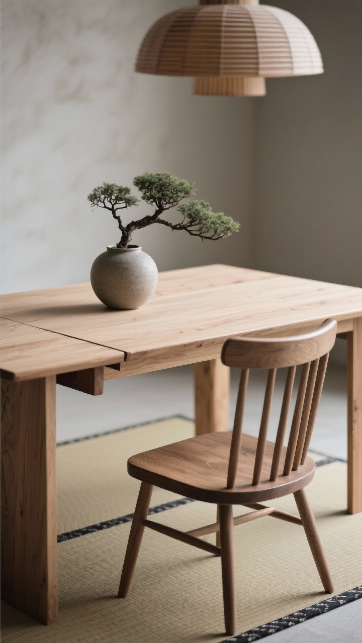 Photorealistic detail/closeup from a Japandi dining setup: a light ash drop-leaf table edge with one leaf down, paired with a low-profile spindle chair. On the tabletop, a simple stoneware vase holding a single bonsai or branch cutting; below, a tatami-style mat rug visible. Soft, calm lighting with a hint of a ribbed wood pendant blurred in the background. Palette: sand, charcoal, warm ash. Textures: raw wood, stoneware, paper.