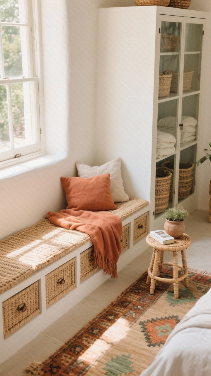 Photorealistic detail closeup from an overhead corner angle: light and layered boho textures focused on the under-window drawers and window seat. Creamy wall and window light, custom shallow drawers running wall-to-wall beneath the window with rattan pulls, cushions and a soft terracotta throw on the window seat, glimpse of rattan textures and a patterned kilim rug in camel/terracotta/sage tones; tiny round rattan stool used as a nightstand with a small book and ceramic planter; tall armoire with glass-pane doors softly blurred in background showing woven baskets with folded linens; palette of cream, terracotta, camel, sage green; breezy, sun-kissed mood.