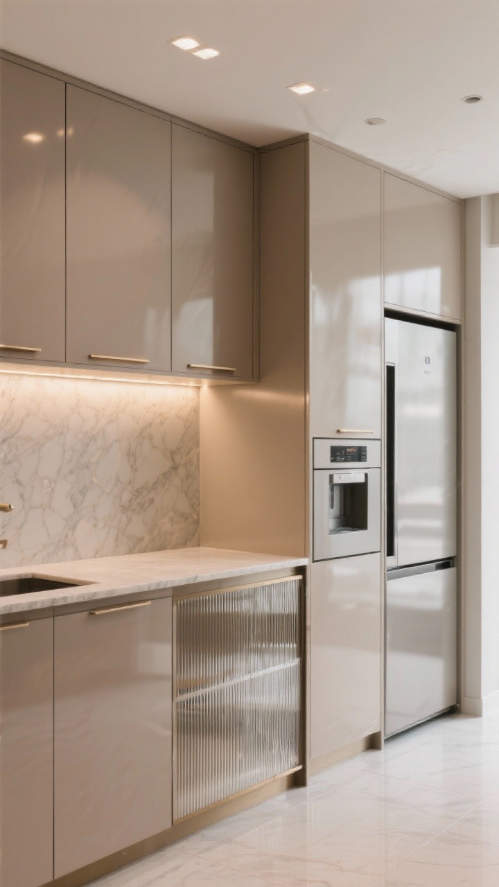 Photorealistic detail closeup in “Hidden Luxe”: focus on seamless taupe-beige lacquer cabinetry to the ceiling with integrated edge pulls, panel-ready fridge and dishwasher flush with doors, matching micro-marble quartz countertop and full-height slab backsplash meeting in a tight seam for a stone-on-stone look, a narrow cabinet with ribbed fluted glass doors catching soft reflections, warm 2700K under-cabinet light glow and tiny recessed micro downlights overhead, pale oversized porcelain floor tiles with minimal grout lines in the blurred background; minimalist hotel-suite calm