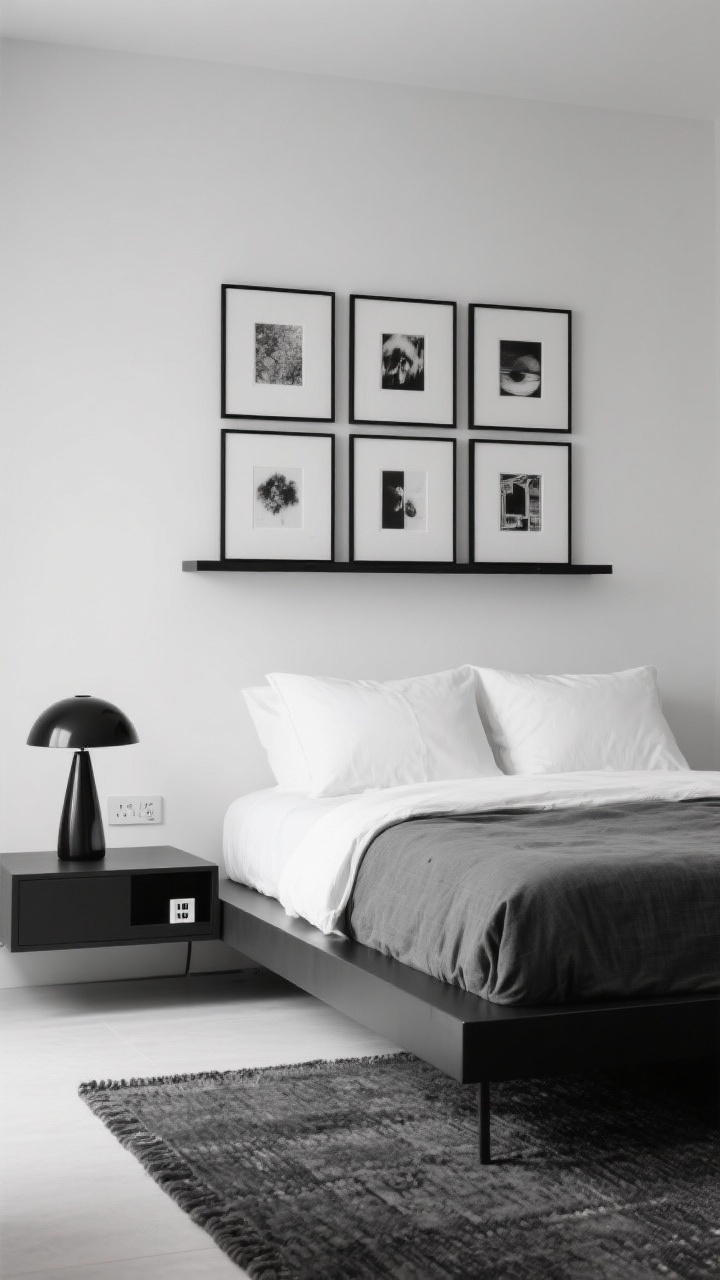 Photorealistic detail closeup, straight-on crop of a minimalist monochrome gallery moment above a platform bed. Black-and-white palette: the platform bed sits against a smooth wall with crisp white percale sheets and a graphite linen duvet. Above the headboard, a tight 3x2 grid of identical black frames displays black-and-white art. Ultra-slim floating shelf nightstands with integrated USB outlets peek into the frame; a sculptural black table lamp adds a bold accent. A charcoal flatweave rug edges into the bottom of the shot. Lighting is clean and diffused, emphasizing geometry and contrast.