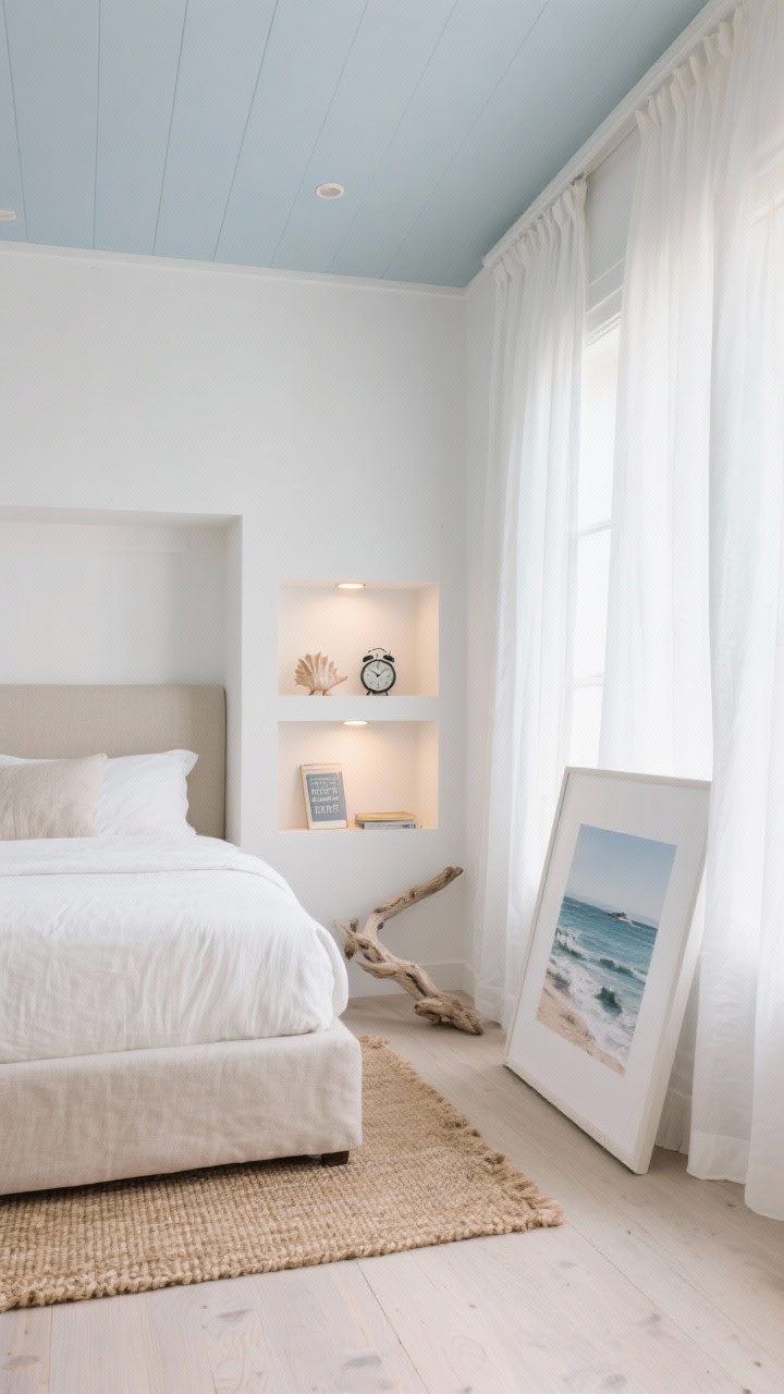 Photorealistic detail/medium hybrid shot from a low corner angle: a coastal minimal bedroom with soft white walls, a pale blue-gray ceiling, and bleached-wood floors. Behind a slim sand-colored linen upholstered bed, a shallow wall of custom built-ins features an inset niche acting as the headboard shelf—styled with an alarm clock, a small seashell, and a paperback. Recessed mini downlights in the niche and tiny reading pin spots create layered, breezy lighting. Sheer wall-to-wall linen curtains conceal a skinny window, elongating the room. A jute rug adds texture, and a driftwood accent sits nearby. An oversized coastal photograph with a white mat leans subtly for a gallery look. Calm, airy, beachy mood.