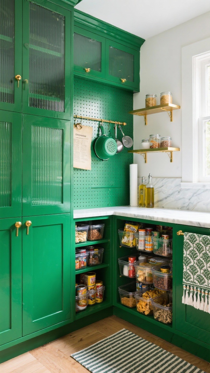 Photorealistic detail/medium shot focusing on a bold pantry wall and organization. A glossy emerald floor-to-ceiling pantry wall with reeded glass uppers that reveal soft silhouettes; brushed gold knobs and rails. Opposite wall partially visible with a painted pegboard in the same emerald green displaying colanders, measuring cups, and a parchment roll. Along a window wall, slim floating ledges hold oils and small jars. Inside an open pantry cabinet, clear bins and riser shelves neatly categorizing spices, cans, and snacks. Thin-profile white quartz counters. Palette of emerald, white, and brushed gold. Playful touches: patterned tea towels draped nearby and a striped runner on the floor, bright even lighting for a fresh, energetic feel.