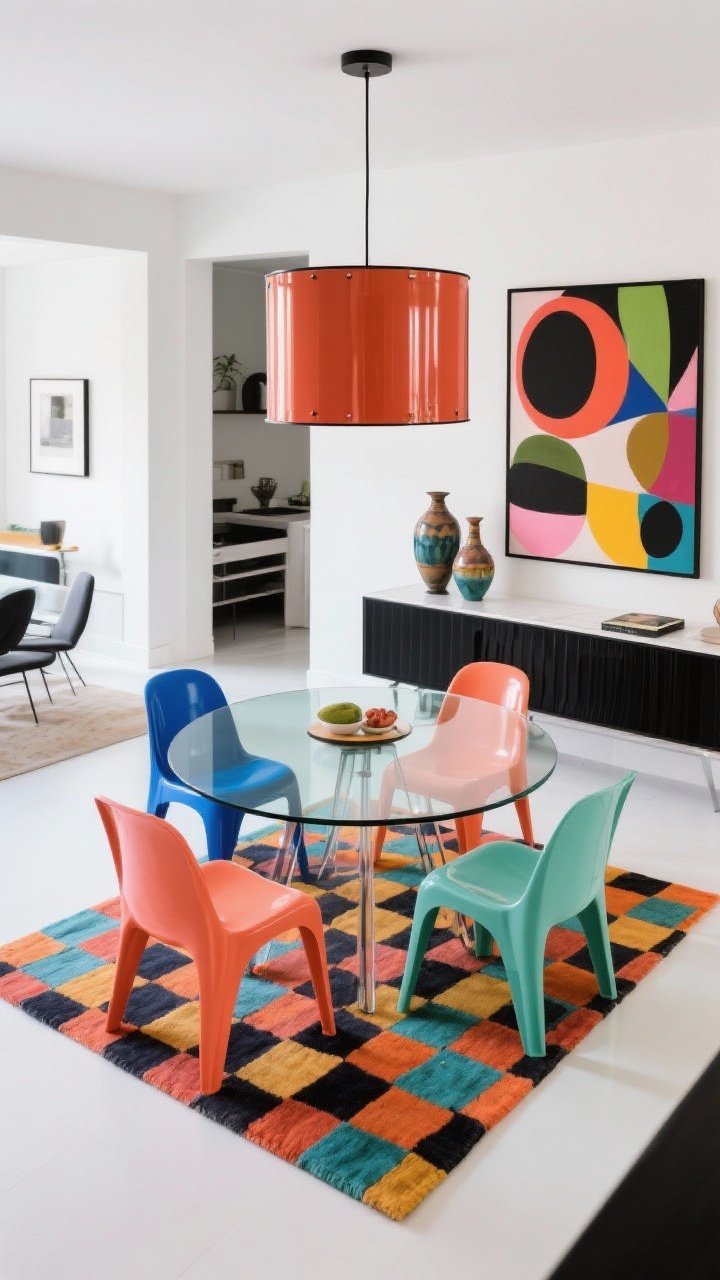 Photorealistic detail/overhead hybrid shot highlighting a color-pop compact dining zone: a round glass table with molded plastic chairs in two complementary colors (cobalt and coral or sage and terracotta). A high-impact, punchy-pattern rug beneath clearly defines the dining area within an open plan. Overhead, a lacquered drum pendant echoing one rug color; nearby console holds a couple of ceramic vases in matching tones. Palette of brights with crisp white and black accents. Include an oversized abstract art piece in the background that mirrors the rug’s tones. Playful, modern mood; bright, even lighting without people.