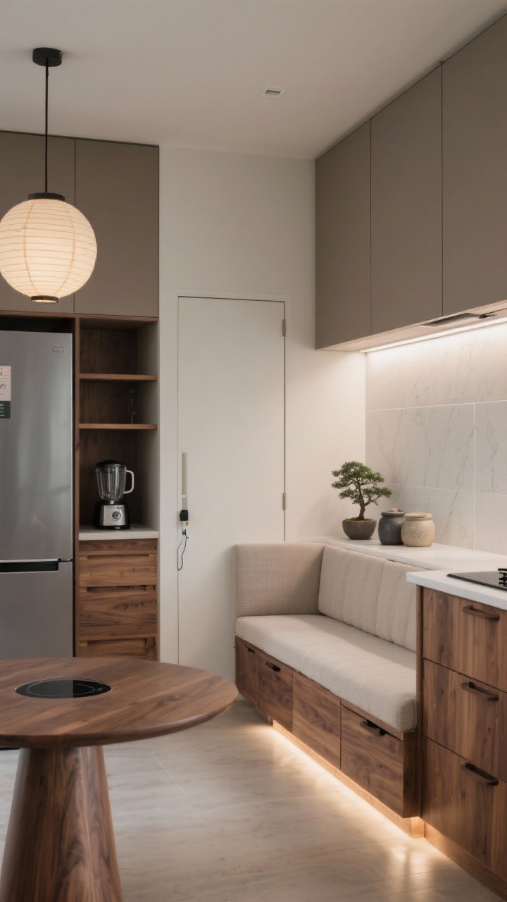 Photorealistic medium closeup focusing on serene Japandi details and joinery, straight-on view. Warm walnut lower cabinets with rounded edges and integrated pulls, matte taupe uppers, and a thin-profile porcelain slab backsplash running uninterrupted from counter to ceiling. Opposite side partially visible: a built-in corner banquette with linen seat cushions and under-seat drawers slightly open. A small round pedestal table keeps movement clear. Next to a fridge, a slender pocket-door pantry slid open to reveal shallow shelves and a charging ledge with a blender and toaster; door track cleanly integrated. Lighting: soft glow from a paper lantern pendant and discreet toe-kick LEDs washing the floor; palette of walnut, taupe, soft white, and charcoal accents. Minimal accessories: stoneware canisters and a single bonsai. Flush-mount induction cooktop and a subtle downdraft vent preserve sightlines; tranquil and uncluttered.