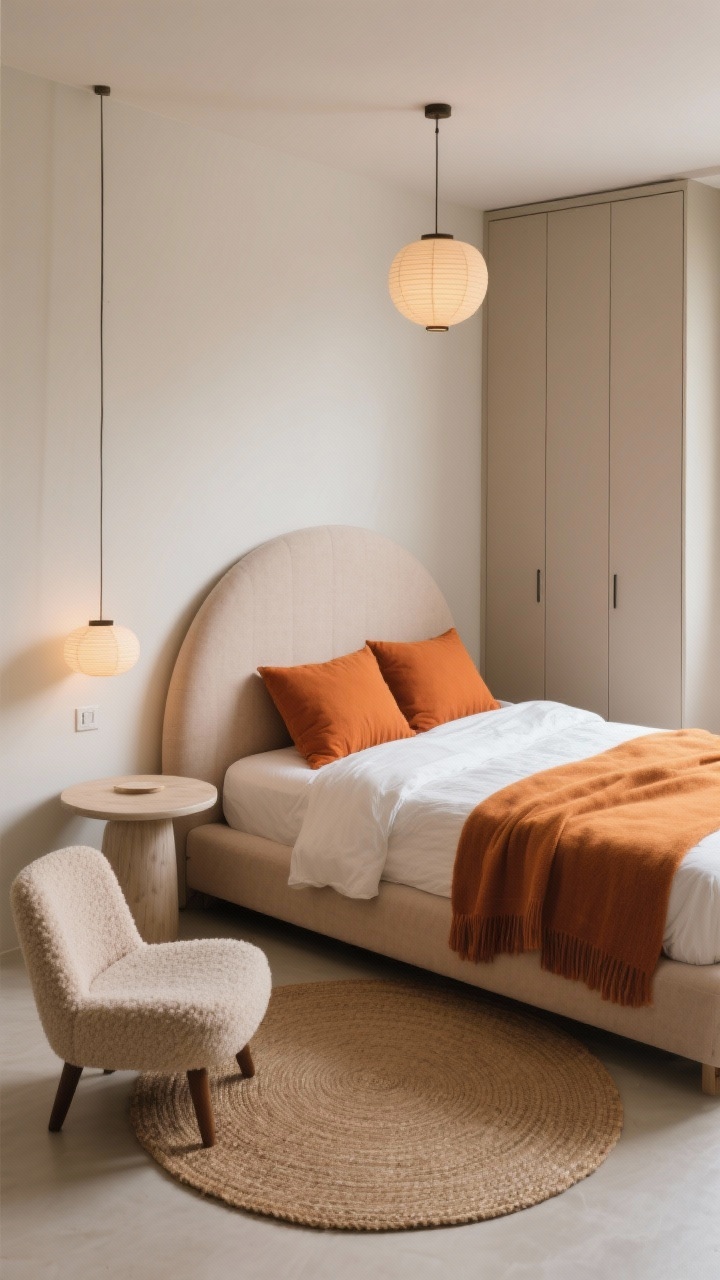 Photorealistic medium corner-angle shot of a cozy “corner cocoon” bedroom. The bed is tucked into a corner so the headboard sits on one wall and the bed side hugs the adjacent wall; a rounded, softly upholstered headboard. Warm terracotta pillows and an amber throw blanket add color. On the open side, a single round pedestal table serves as the nightstand. Opposite the bed, a tall narrow wardrobe cabinet provides vertical storage. A round jute rug is centered at the open corner, with a small boucle accent chair tucked into the freed-up corner. A paper lantern pendant provides gentle ambient light, creating an intimate, inviting vibe.