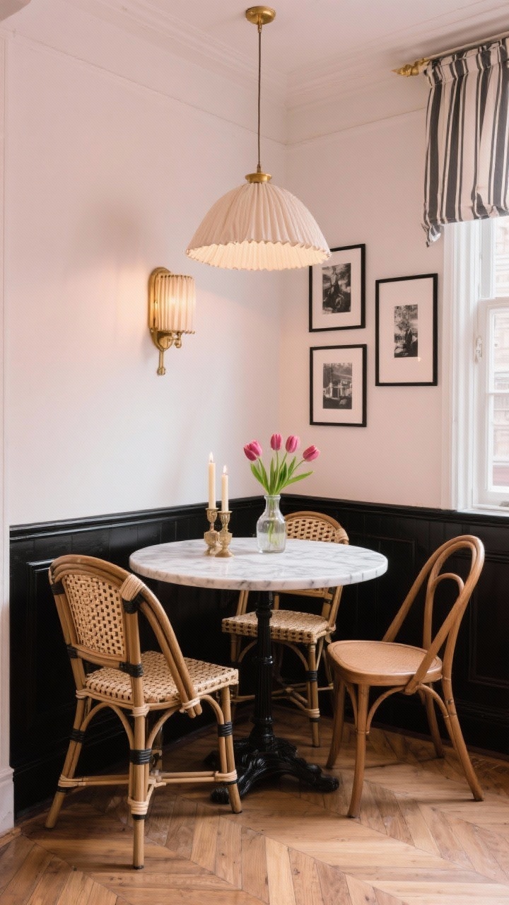 Photorealistic medium corner shot of a Parisian bistro-inspired dining nook: a 30” round marble-topped café table with two to three natural cane rattan bistro chairs and a folding bentwood chair nearby. Ivory walls with inky black accents, soft blush and brass touches. A pleated linen pendant overhead; nearby window with striped cotton café curtains filtering light. Mini gallery wall of black-and-white prints in slim black frames. Tabletop styled with a vintage carafe, tapered candles, and fresh tulips. Herringbone wood flooring visible. Add a wall-mounted accordion sconce for warm, old-world glow. Romantic, compact, effortlessly chic.