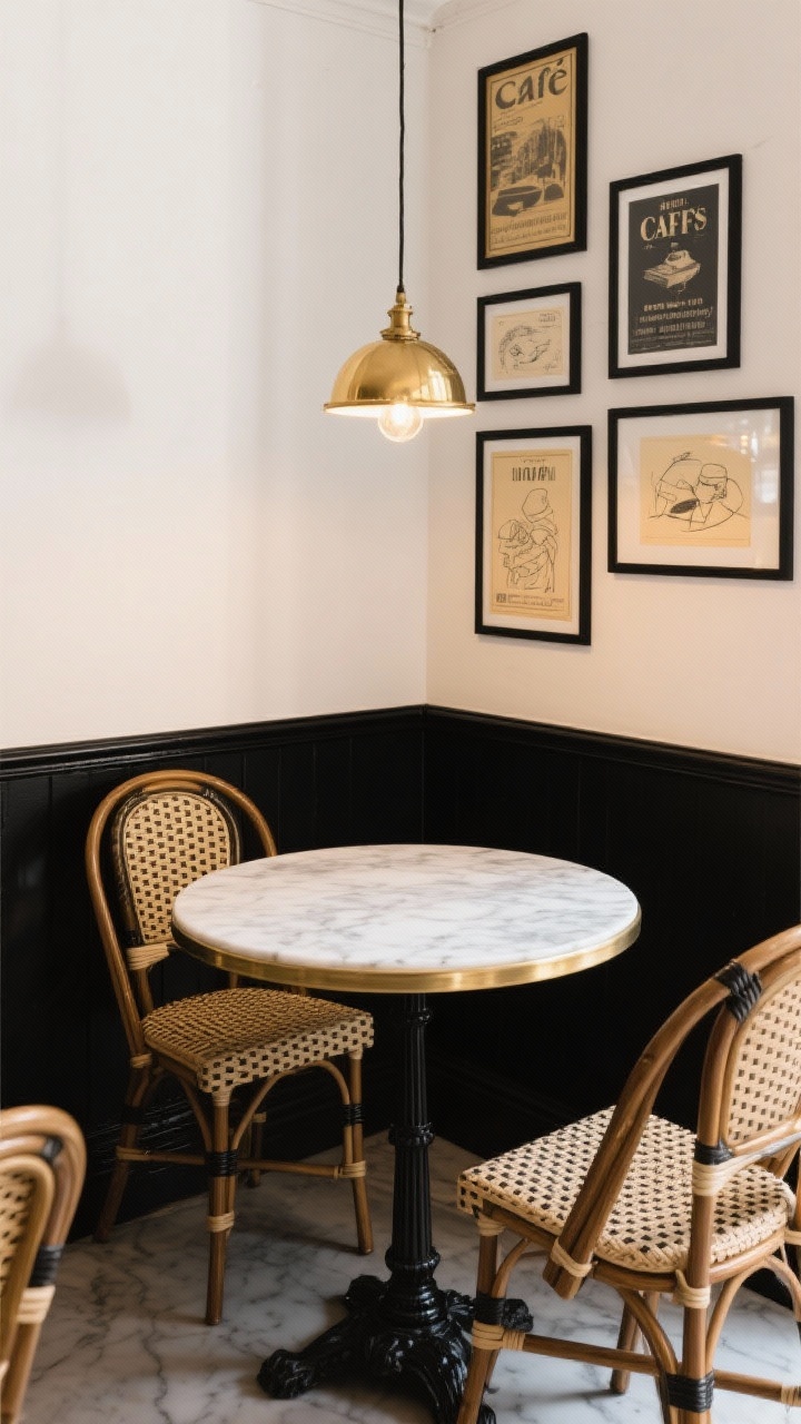 Photorealistic medium corner shot of a Parisian café-style nook: a marble-topped bistro table with a black pedestal base, two to three bentwood chairs with woven rattan seats, lower third of the wall painted ink black with a thin chair rail, upper wall warm white, a petite brass globe pendant casting warm glow, and a clustered gallery of vintage-style black-and-gold frames featuring café posters and line sketches. Subtle reflections, intimate ambiance, pedestal base clearly visible. Color story: warm white, ink black, brass, marble.