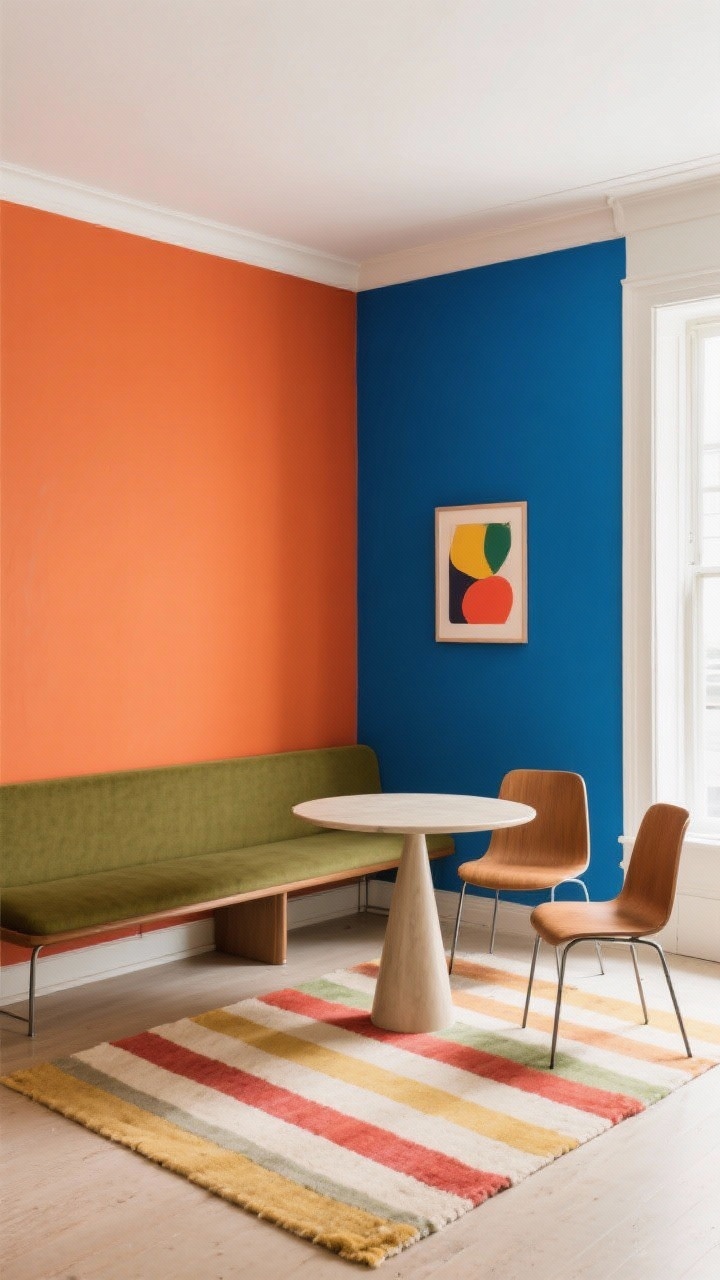 Photorealistic medium corner shot with playful color-pop: one accent wall painted in a bold hero hue (choose cobalt, terracotta, or olive), a slim bench parked against it, a small oval pedestal table in front, and two armless chairs on the open side. Include art that riffs on the accent color and a cheerful striped or checkered rug underfoot. Palette: hero hue + warm neutrals. Textures: painted plaster, cotton rug, powder-coated metal. Bright, lively lighting.