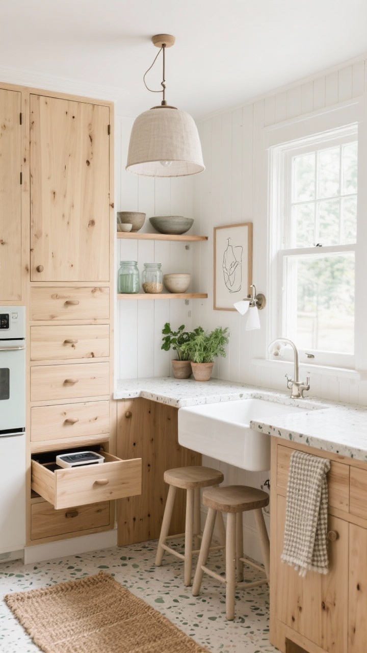 Photorealistic medium shot from a corner angle of a Scandinavian-inspired small kitchen bathed in soft natural daylight. Pale oak cabinets with banks of organized drawers, white shiplap walls, and creamy terrazzo counters with subtle aggregate. Open blond-wood shelves displaying stoneware bowls and glass jars. Under a sunny window, a thin butcher-block breakfast ledge with two simple stools; nearby, a small white apron-front sink for cottage charm. A tall cabinet with rollout trays slightly open revealing small appliances. Lighting includes a linen drum pendant overhead and a swiveling sconce near the ledge. Soft whites and warm oaks with sage accents; waffle-weave towels and a flat-woven jute runner on the floor. Minimal decor: potted herb trio and a framed line drawing; calm, airy mood.