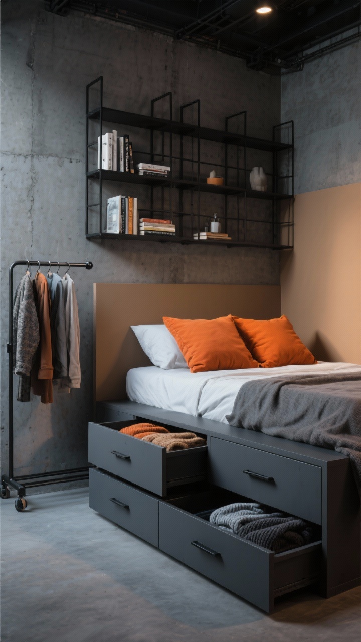 Photorealistic medium shot from a corner angle of an urban loft-inspired bedroom: a raised platform bed on a charcoal-stained base with flat-front pulls; integrated steps where each step is a drawer (one drawer slightly open showing folded sweaters); wall colors mixing concrete gray and warm camel; a grid of matte black metal wall shelves above the headboard holding books and small decor; a slim rolling wardrobe rail in the corner with a small capsule rack of clothes; accent pillows with a pop of burnt orange; cool, moody evening light with soft shadows to emphasize the layered high-low storage
