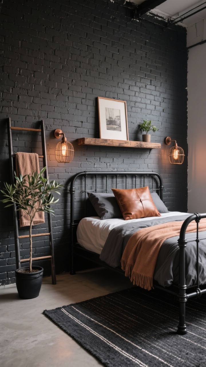 Photorealistic medium shot from a diagonal angle of an urban industrial cozy bedroom wall: charcoal peel-and-stick brick accent wall behind a black metal bed frame with clean lines; bedding accented by a tobacco leather lumbar pillow and a clay-colored throw; caged wall sconces in warm bronze free up surfaces; a reclaimed wood shelf above the bed holds low-profile art and a small plant; flat-weave charcoal rug with a subtle stripe partially visible; a skinny ladder rack for throws and a small olive tree in a matte black pot; warm, contrast-rich lighting.