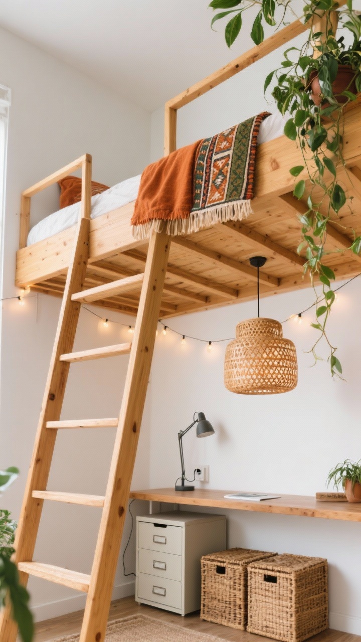 Photorealistic medium shot from slightly below eye level, emphasizing verticality: an elevated boho loft bed in honey-toned wood with a clean-lined ladder, styled with terracotta and olive textiles and a patterned kilim runner along the ladder rungs. Under the loft, a compact workspace with a floating desk and a petite filing cabinet; cane-front storage cubes nearby. White wall backdrop, woven baskets for storage. Lighting includes a plug-in swing-arm lamp at the desk and soft string lights along the loft rail. A hanging rattan pendant casts warm, patterned shadows. Cluster of trailing plants mounted high draws the eye upward. Warm, plant-filled, airy vibe.