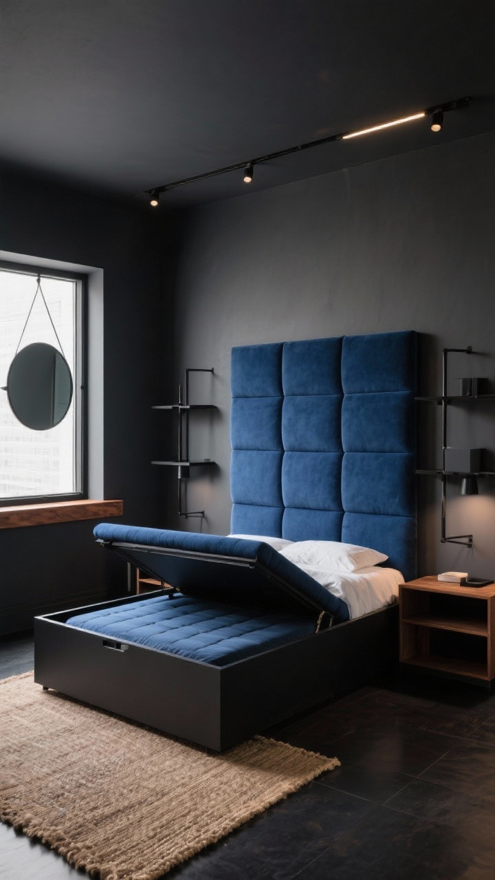 Photorealistic medium shot, moody modern box bed: charcoal painted walls, saturated upholstered bed in ink blue with tall channel-tufted headboard, custom box bed frame with lift-up under-mattress storage (partially lifted to reveal storage), hidden cubby panels subtly visible behind headboard segments, floating matte black metal shelves flanking the bed instead of nightstands, ceiling-mounted track light washing the headboard to emphasize height; walnut accent ledge under window with round mirror; jute rug in natural tone softening the dark floor; palette of charcoal, ink blue, matte black, warm walnut; dramatic, tailored lighting.