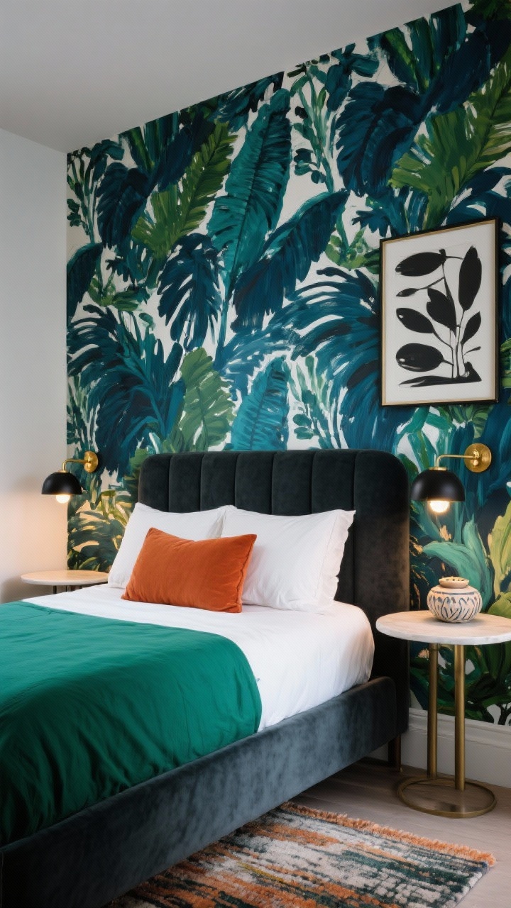 Photorealistic medium shot of a bold pattern play bedroom focal wall: large-scale botanical or painterly brushstroke wallpaper in deep teal and emerald behind a simple charcoal upholstered bed; color-blocked bedding with white sheets, a solid emerald duvet matching the wallpaper, and a contrasting terracotta lumbar; slim round nightstands kept clear by plug-in globe sconces with black/brass accents; graphic art and a ceramic catchall on one nightstand; a low-pile flat rug subtly echoing one wallpaper pattern; lively yet cohesive lighting, no people.