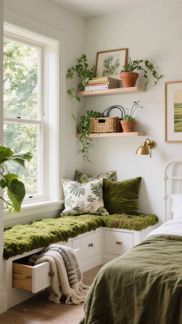 Photorealistic medium shot of a botanical bay window alcove transformed into storage: a built-in window bench with deep full-width drawers (one partly open with bulky blankets), topped with a thick mossy velvet cushion and layered botanical print pillows; above, two floating shelves styled with trailing plants, art stacks, and lidded baskets for cords and tech; opposite side hinted in frame with a simple white bed frame and olive linen duvet; brass picture light above art, terracotta pots, and a framed field sketch; lush morning light streaming through the window for a cozy, verdant nook