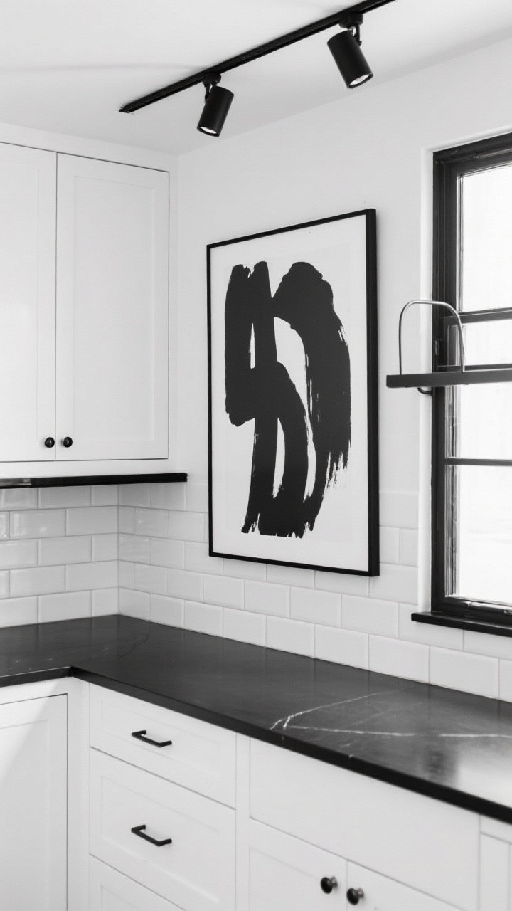 Photorealistic medium shot of a “High-Contrast Gallery” kitchen wall: white shaker uppers paired with white slab lowers, thin black quartz countertop, micro-thin black metal shelf replacing uppers on one wall, vertical stacked white zellige tile backsplash for height and sparkle, window framed in black steel echoing the shelf, oversized abstract black-ink-on-white print hung to create gallery vibe, slim matte black linear pulls, low-profile black track lighting with directional heads washing the wall; crisp black-and-white palette with a whisper of chrome, straight-on composition