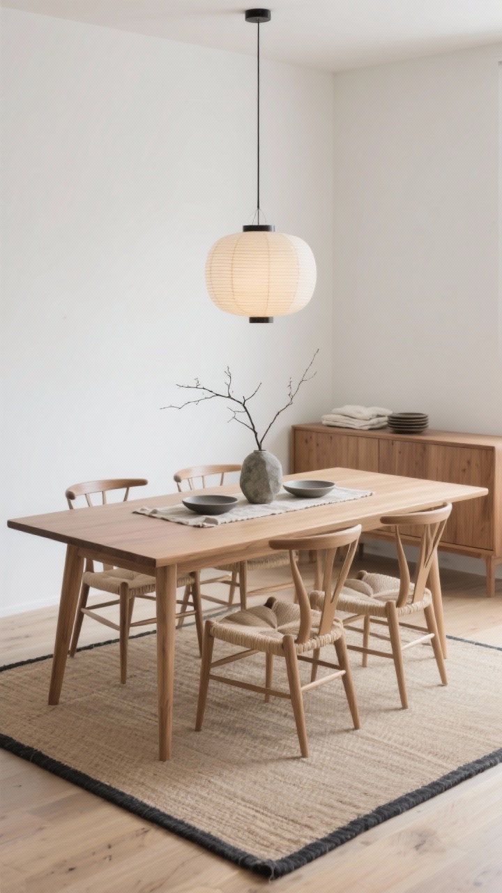 Photorealistic medium shot of a Japandi dining vignette: a slim rectangular ash table with softened edges, paired with low-profile wishbone-style chairs in natural cord. Underfoot, a tatami-inspired flatweave rug in sand replaces a traditional rug. Warm white walls, pale wood tones, and subtle charcoal accents. A paper lantern pendant floats above the table, casting a gentle, diffused glow. Minimal styling: a single branch in a stone vase as centerpiece, a light oak low credenza in the background for linens and serveware, plus a linen runner and matte-glazed ceramic plates. Calm, airy, Zen mood; straight-on composition.