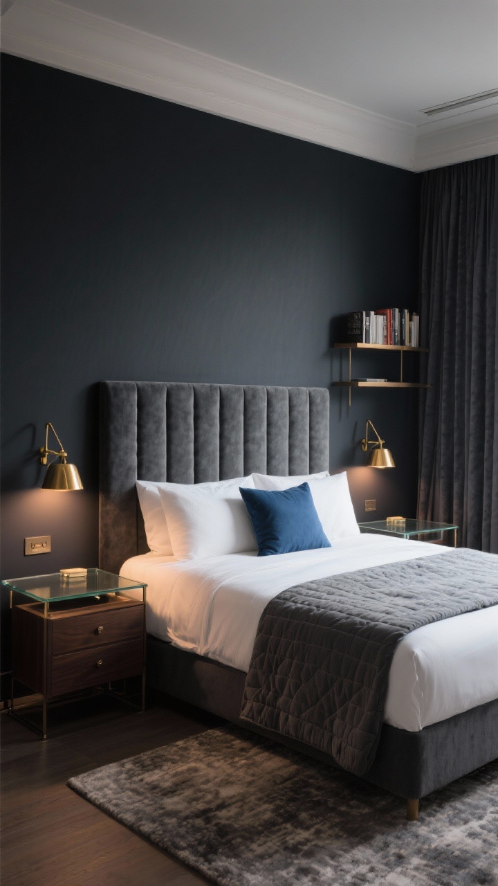 Photorealistic medium shot of a modern boutique hotel–style bedroom wall: deep charcoal painted walls with a slate velvet channel-tufted headboard centered; symmetrical brass swing-arm lamps above glass-topped nesting tables used as nightstands; layered lighting with dimmable warm bulbs; bed dressed in crisp white sheets, a smoked gray quilt, and a single ink-blue lumbar pillow; a slim dark-wood dresser nearby and a wall-mounted shelf replacing bulky bookcases; low-pile textured rug underfoot; ceiling-height hotel-worthy curtains elongate the room; moody, intimate ambiance.