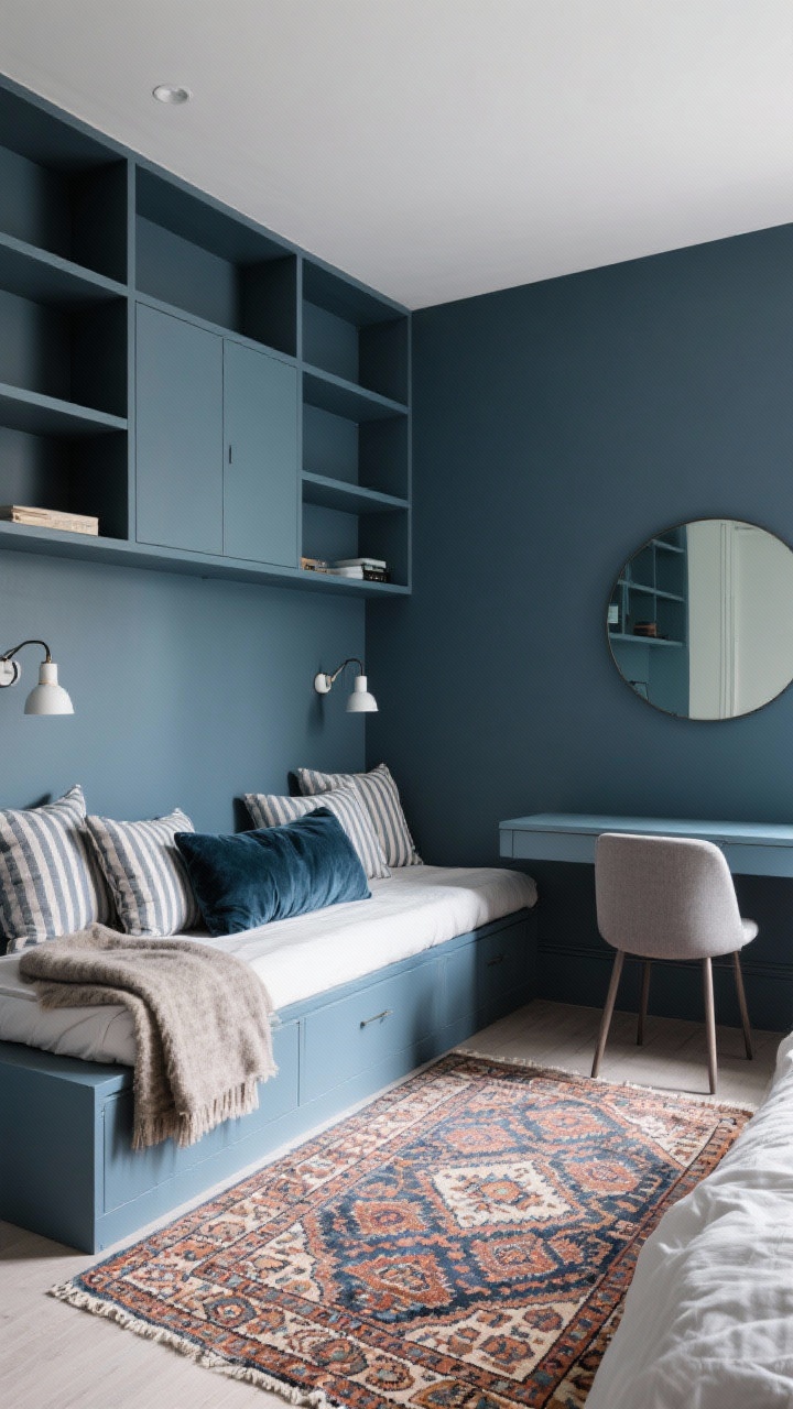Photorealistic medium shot of a multitasking studio bedroom wall. A twin XL daybed with deep back cushions runs along one wall, framed by floor-to-ceiling built-in shelving with a closed base cabinet, all painted a rich dusty blue so it reads as one statement unit. Textiles on the daybed mix pinstripe cushions, a velvet bolster, and a wool throw. Across the room, a floating desk with a slim, comfortable chair sits beneath a large round mirror that bounces light. A patterned kilim rug centers the small square room and subtly defines zones. Plug-in swing-arm lamps flank the daybed for task and reading light; balanced, cozy, functional mood.