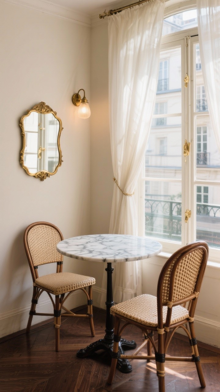 Photorealistic medium shot of a Parisian window-side vignette: a 24–30-inch marble-topped bistro table with two bentwood café chairs (cane detail visible), placed beside a bright window with sheer café curtains filtering daylight onto the marble veining. Include a small vintage brass mirror on the adjacent wall bouncing light and a compact wall-mounted sconce for evening ambience. Palette: cream, espresso wood, antique brass. Textures: marble, cane, glass.