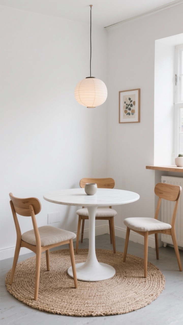 Photorealistic medium shot of a Scandinavian café nook: a 28–36-inch round pedestal table centered on a woven jute rug, three slim oak chairs with curved backs around it, white walls, pale wood tones, linen seat pads, a small paper lantern pendant floating overhead casting a soft glow, and a narrow picture ledge nearby with rotating art. Palette: white, honey oak, muted gray. Textures: jute, linen, matte ceramics. Clean sightlines and open legroom emphasized.