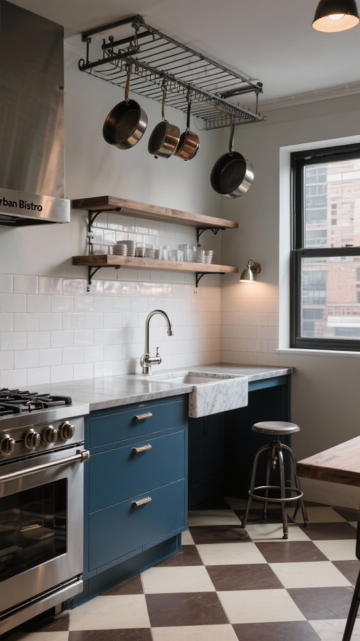 Photorealistic medium shot of an “Urban Bistro” workspace: brushed stainless countertops reflecting soft light, double-rail bistro shelf mounted above classic white tile backsplash, flat-front ink blue lower cabinets with chunky industrial bar pulls, ceiling-mounted pot rack over a slim range with a few hanging pans, micro-checkerboard floor in cream and espresso for a refined pattern, polished nickel swing-arm sconce over the sink, a narrow marble-topped console at the window with a single adjustable stool; city-kitchen energy, slightly moody directional lighting