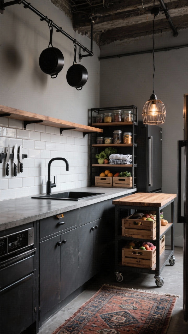 Photorealistic medium shot of an industrial galley kitchen from a slight corner angle. Charcoal lower cabinets, concrete-look countertop, and a white hex tile backsplash. Above the sink, a blackened steel shelf; to one side, stacked metal-and-wood crate shelving filled with produce, jars, and linens. A slim rolling island with a butcher-block top partially pulled out, ready for meal prep, positioned to tuck between fridge and wall. Under-cabinet magnetic knife strips and ceiling-mounted pot rails with hanging pans. Palette of charcoal, black, and warm wood; matte black utilitarian hardware. Finish with a vintage rug runner on the floor and a dimmable caged pendant casting warm, moody light.