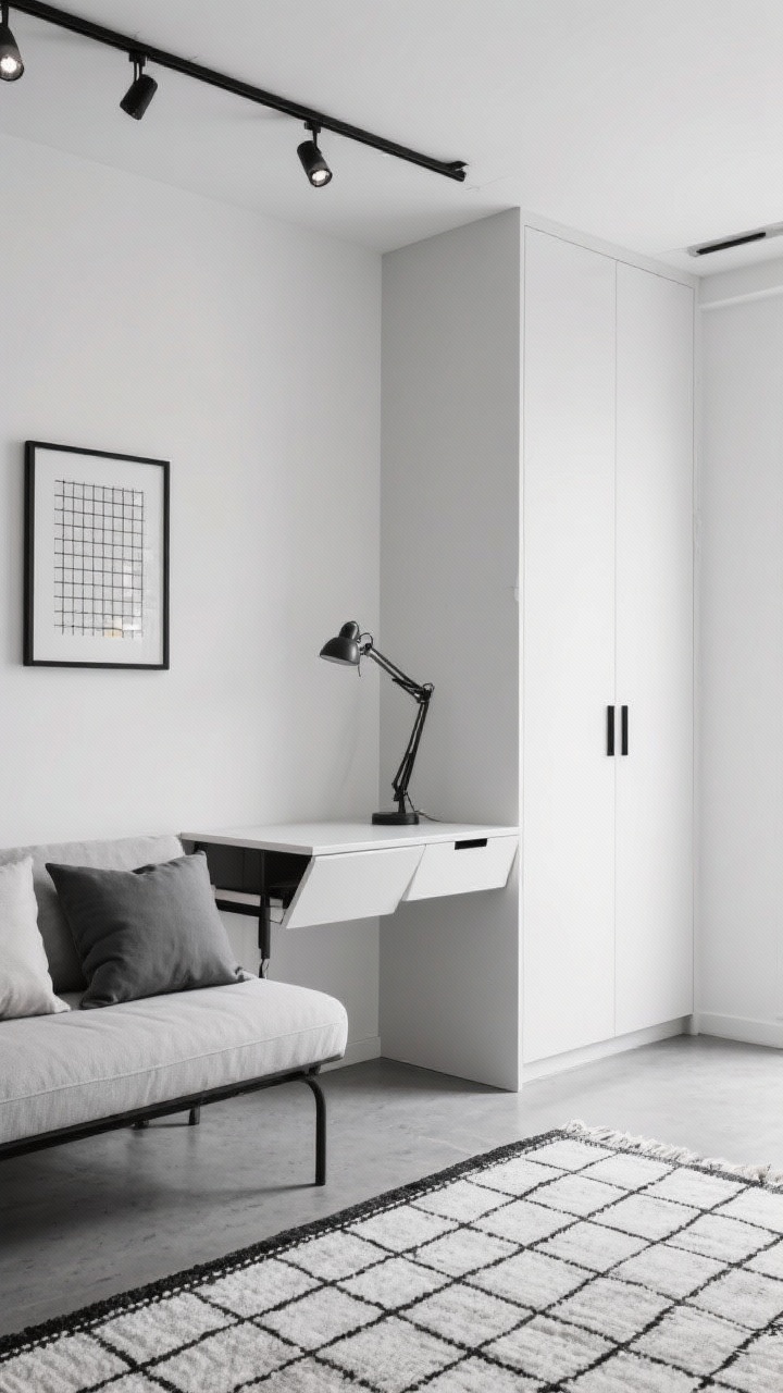 Photorealistic medium shot of an Urban Studio Smart setup: monochrome palette with soft white walls, graphite and black accents, a daybed functioning as sofa by day with a bolster and structured pillows. A wall-mounted drop-leaf desk partly folded, a tall ceiling-height wardrobe in soft white with black pulls, black-framed art creating a crisp grid feel, and a grid-patterned rug on concrete-gray floor tone. Track-style spotlights on the ceiling and an adjustable arm lamp for task lighting. Modular, mobile vibe; clean, uncluttered surfaces.