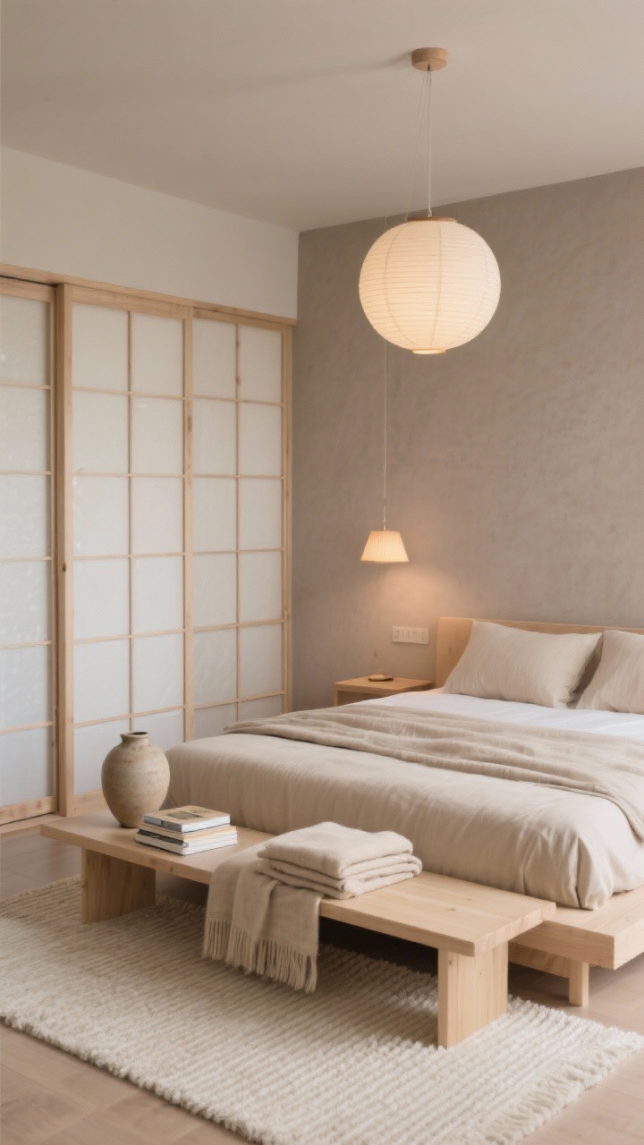 Photorealistic medium shot, straight-on: a Japandi serenity suite with a tatami-inspired low platform bed, neutral oatmeal linens, and a narrow pale-wood bench at the foot holding neatly folded throws. Shoji-style sliding panels in light wood with rice-paper-look acrylic replace closet doors, saving swing space. Walls in soft taupe with a smooth plaster effect for depth. Minimal decor: a single ceramic vase and a small stack of books on the bench. Lighting includes a rice-paper orb pendant and a tiny warm-glow table lamp, creating a tranquil, zen ambiance. Ribbed cream wool rug underfoot adds quiet coziness.