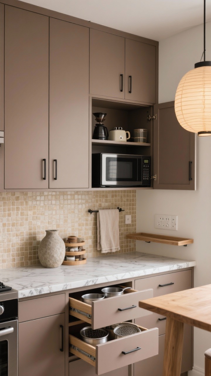 Photorealistic medium shot, straight-on, of a Japandi-inspired small kitchen wall. Warm taupe flat-front cabinetry, veined quartz countertop, and a sand-tone micro-mosaic backsplash. A full-height appliance wall concealed by pocket doors; one pocket door slid open to reveal an appliance garage with compact coffee station, toaster, and microwave, interior shelves, built-in power outlets, and a pull-out tray table extended. Base cabinet drawer slightly open to show tiered drawer inserts: deep pots below, lids and strainers in a shallow top layer; a corner carousel visible with neatly stored items. Palette of taupe, cream, and matte black accents with minimalist edge pulls. Simple decor: a single stone vase, linen towel, and a small paper lantern pendant emitting warm, soft light.