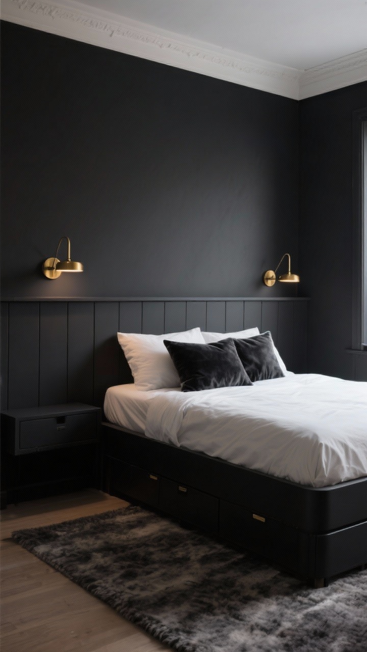 Photorealistic medium shot straight-on of a Moody Minimalist tiny bedroom: deep charcoal walls with a warm white ceiling, matte black low-profile bed frame with slim headboard, crisp white bedding popping against the dark backdrop. A wall-to-wall built-in ledge behind the bed painted charcoal, two brass sconces providing warm glam light. Add velvet throw pillows and a subtle wool rug for depth; hidden underbed drawers just visible. Dramatic, restrained atmosphere with soft evening lighting that blurs room edges.