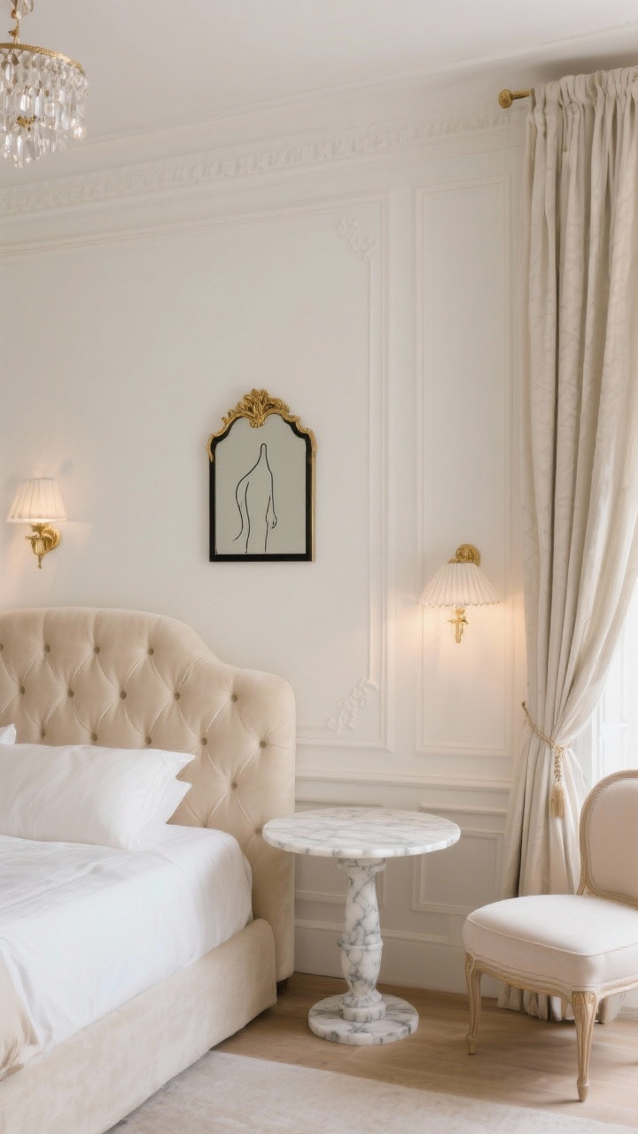 Photorealistic medium shot straight-on of Parisian Petite elegance: creamy ivory walls with tone-on-tone picture-frame molding, channel-tufted upholstered headboard in pale beige velvet. Off-center petite gilt mirror paired with a minimalist black-framed line drawing above. Floor-length heavy linen drapery skimming just above the floor to elongate the room, a marble-topped round pedestal side table in lieu of bulky nightstands, and a petite armless slipper chair. Classic pleated sconces flanking the bed and a small crystal flush mount overhead, soft warm lighting enhancing reflective gilded touches.