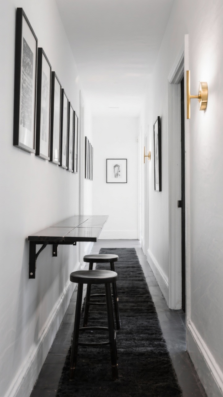 Photorealistic narrow hallway bistro, straight-on wide shot: a 12-inch-deep wall-mounted drop-leaf table at counter height with two backless stools tucked underneath, a black-and-white gallery wall running the length of the corridor, a slender brass picture light illuminating the art, and a slim wool runner rug on the floor. Palette: black, white, brass accents. Textures: brushed metal, smooth lacquer, wool. Leaves of the table shown folded down at one end to suggest walkway clearance.