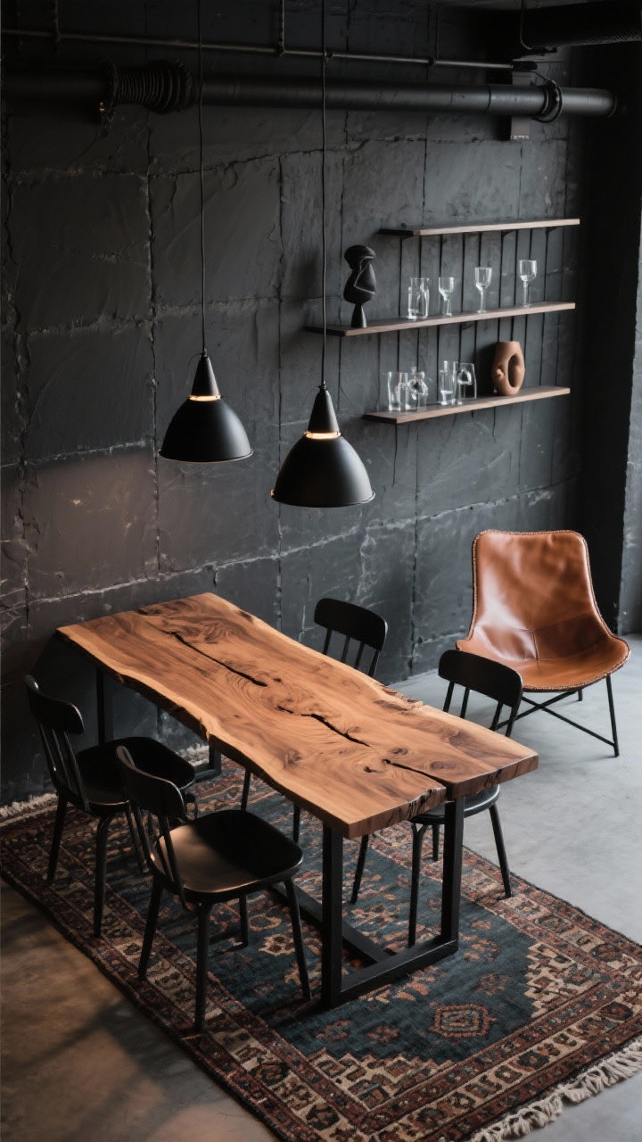Photorealistic overhead/angled detail shot of an urban loft dining vignette: a compact live-edge wood table on black iron legs with rich grain, surrounded by matte black metal café chairs and one caramel leather sling chair at the end. Charcoal slate walls in the background, a trio of black cone pendants aligned on a track casting moody, focused pools of light, a grid of narrow wall shelves with glassware and a few sculptural objects, and a vintage-style Kilim runner adding warm pattern beneath. Dark, tactile, industrial elegance. Color story: charcoal, black, caramel leather, warm walnut.