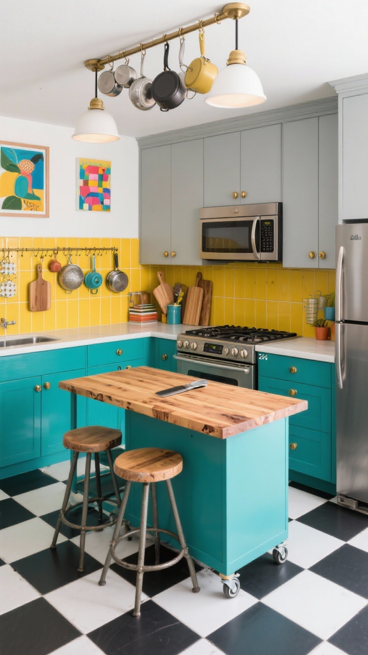 Photorealistic overhead-detail shot focusing on bold color blocking and functional elements. Lower cabinets in rich teal with brushed brass knobs, uppers in soft dove gray, and a sunny mustard vertical-stack tile backsplash creating height. A slim rolling island cart with a butcher-block top centered, showing knife marks and wood grain; the cart’s casters visible. Ceiling-mounted pot rail with curated cookware, and a wall-mounted pegboard arranged with colanders, cutting boards, and measuring cups. Compact 24-inch range with microwave hood and a counter-depth fridge included at frame edges. Black-and-white small-tile checker flooring peeking through for retro energy. Pops of colorful art and a pair of stackable stools tucked nearby. Bright, playful lighting that keeps colors vivid; no people.