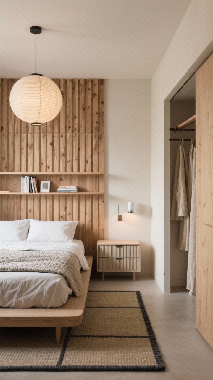 Photorealistic straight-on medium shot, Japandi serenity: slatted natural oak feature wall behind a low platform bed, integrated continuous shelf rail within the slats holding a few books and small art, shallow dresser with fluted fronts and soft-close drawers to one side, closet opening covered by natural linen curtains with a visible double-rod insert and hanging organizers; putty and warm beige walls, graphite accents, tatami-style rug underfoot, crisp bedding with a textured quilt; paper lantern pendant overhead and two minimalist plug-in sconces; serene, intentional lighting.