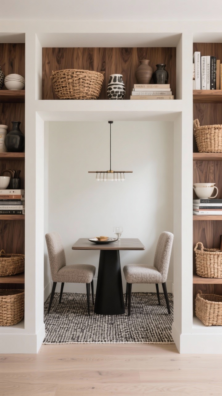 Photorealistic straight-on medium-wide shot of a built-in shelving niche dining area: floor-to-ceiling shelves framing a central recess where a compact rectangular table and two slim upholstered chairs are tucked. Style the shelves with ceramics, cookbooks, and woven baskets. A linear chandelier is centered in the niche, and a micro-patterned rug defines the dining zone. Palette: warm white, walnut, soft black. Textures: wood grain, boucle, rattan.